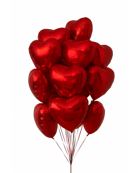 Bouquet of red heart foil balloons, glossy metallic finish, 12 pcs, isolated on white background. Perfect romantic gift in Miami.
