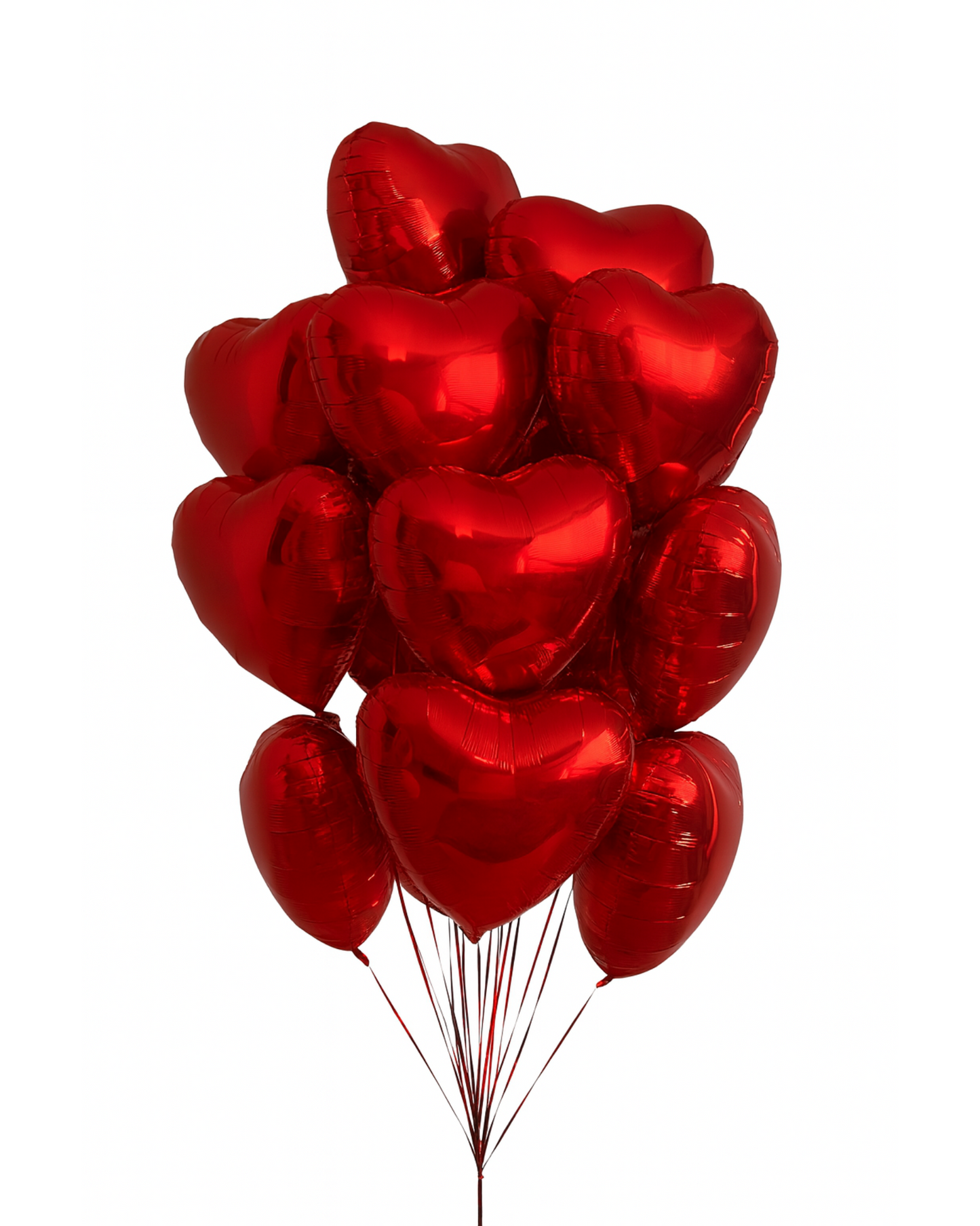 Bouquet of red heart foil balloons, glossy metallic finish, 15 pcs, isolated on white background. Perfect romantic gift in Miami.
