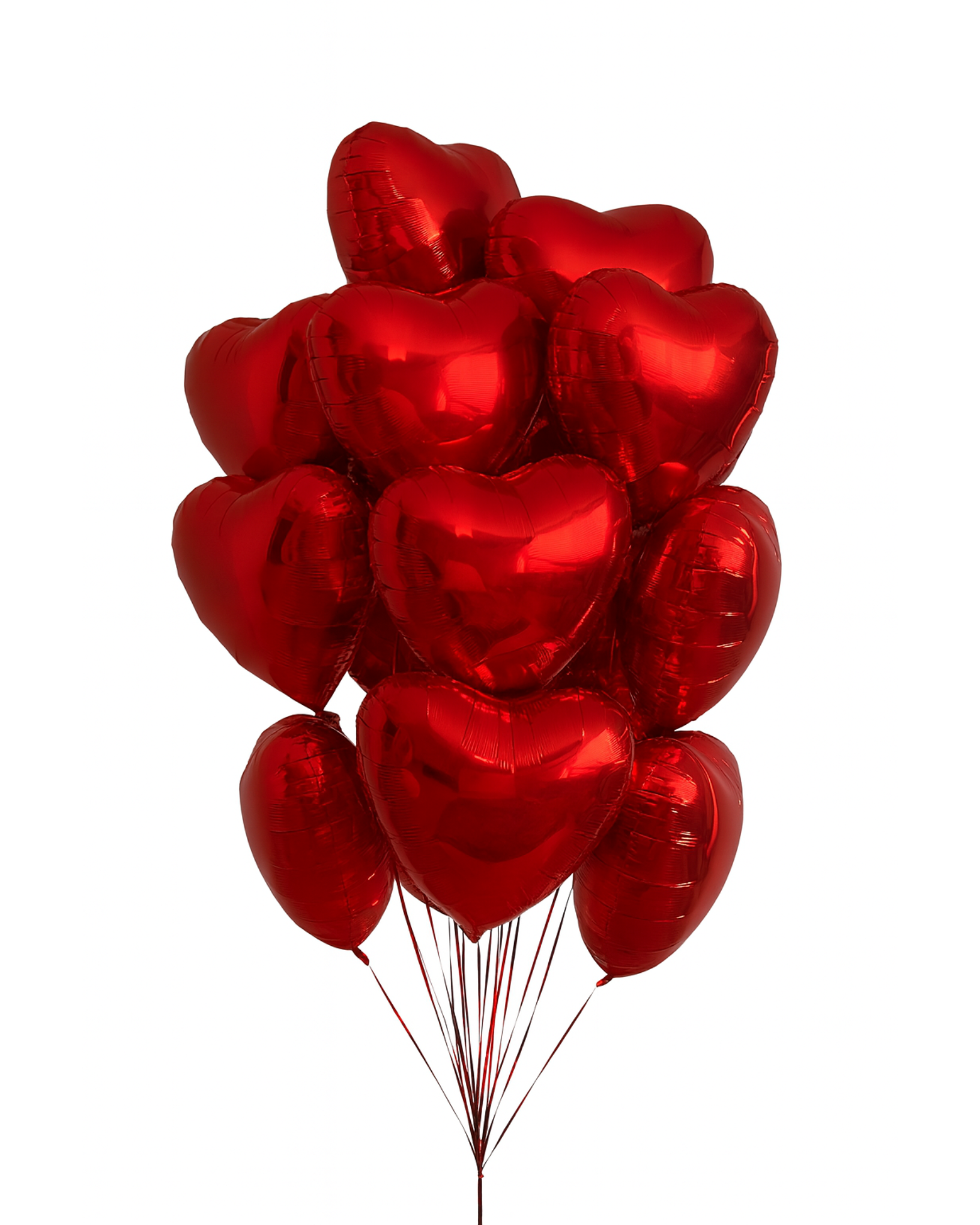Bouquet of red heart foil balloons, glossy metallic finish, 15 pcs, isolated on white background. Perfect romantic gift in Miami.