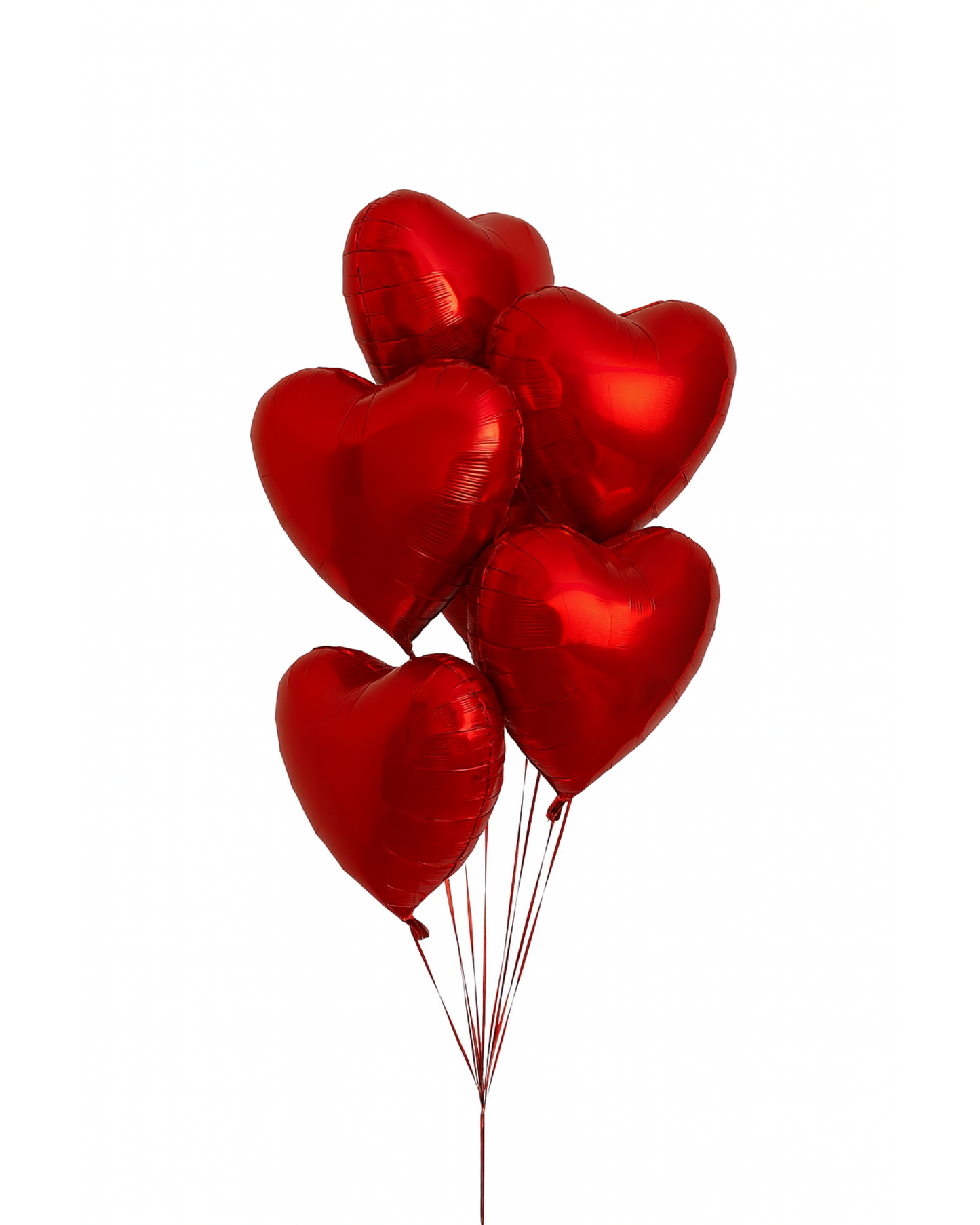 Bouquet of red heart foil balloons, glossy metallic finish,5 pcs, isolated on white background. Perfect romantic gift in Miami.