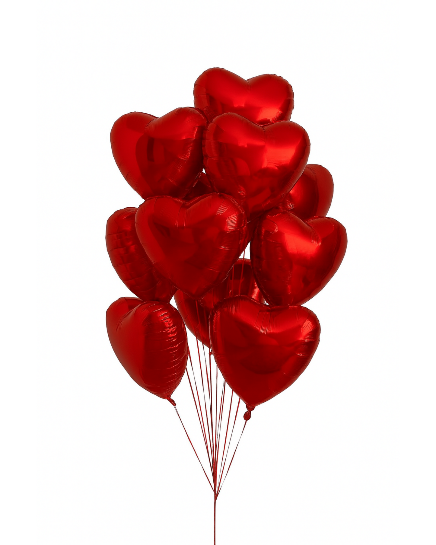 Bouquet of red heart foil balloons, glossy metallic finish, 10 pcs, isolated on white background. Perfect romantic gift in Miami.