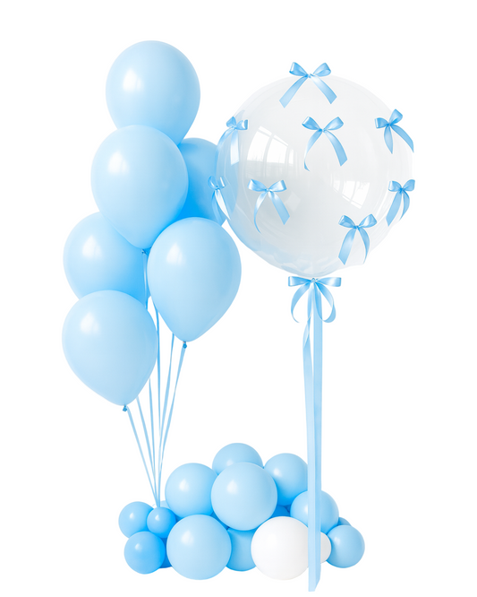 Gift Balloon Set “Welcome Home Baby Boy ” — Blue Transparent Balloons with Bows