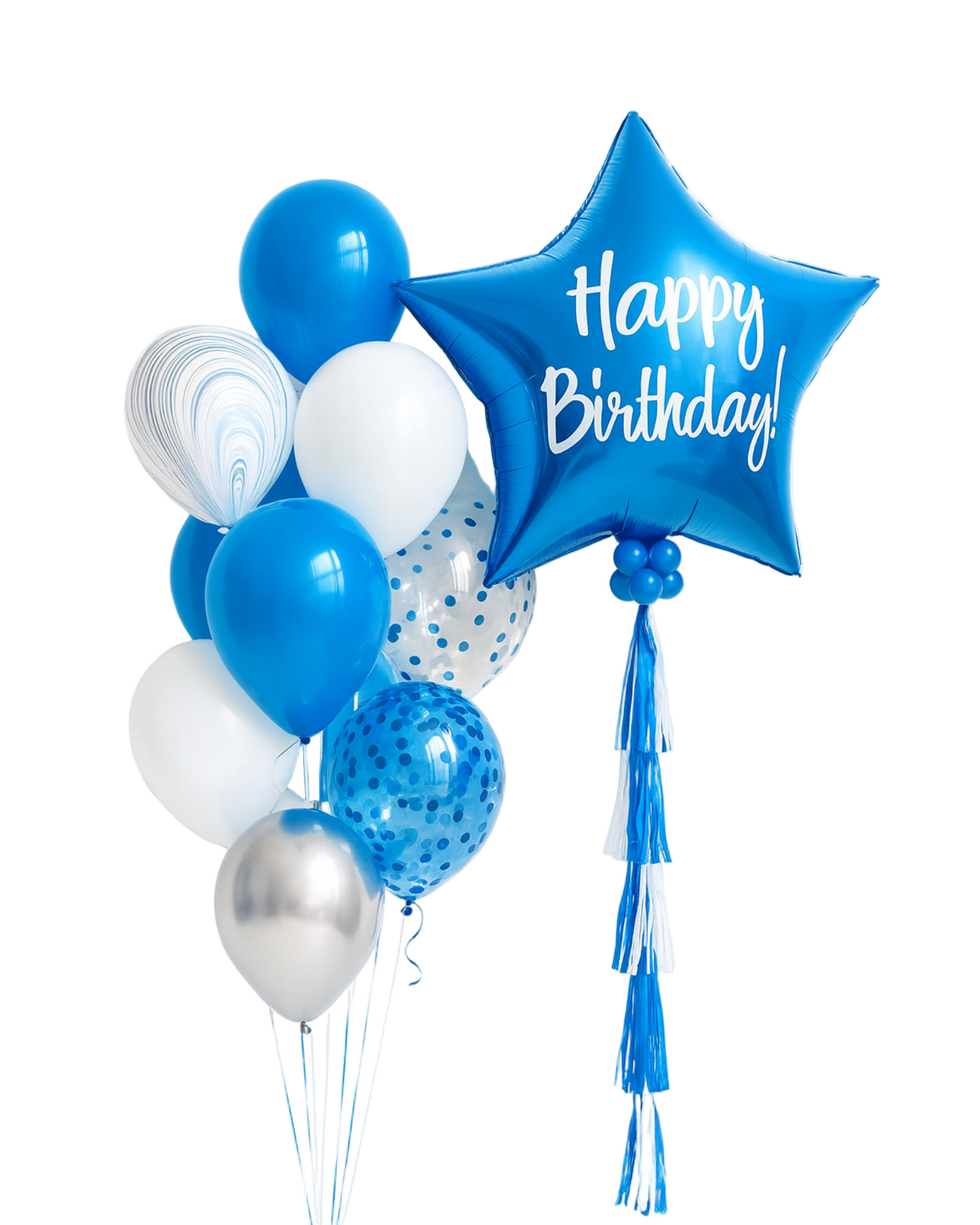 Balloon bouquet with blue, white, and silver balloons, including a blue star-shaped “Happy Birthday” balloon. Elegant and festive decoration for birthday celebrations and parties.
