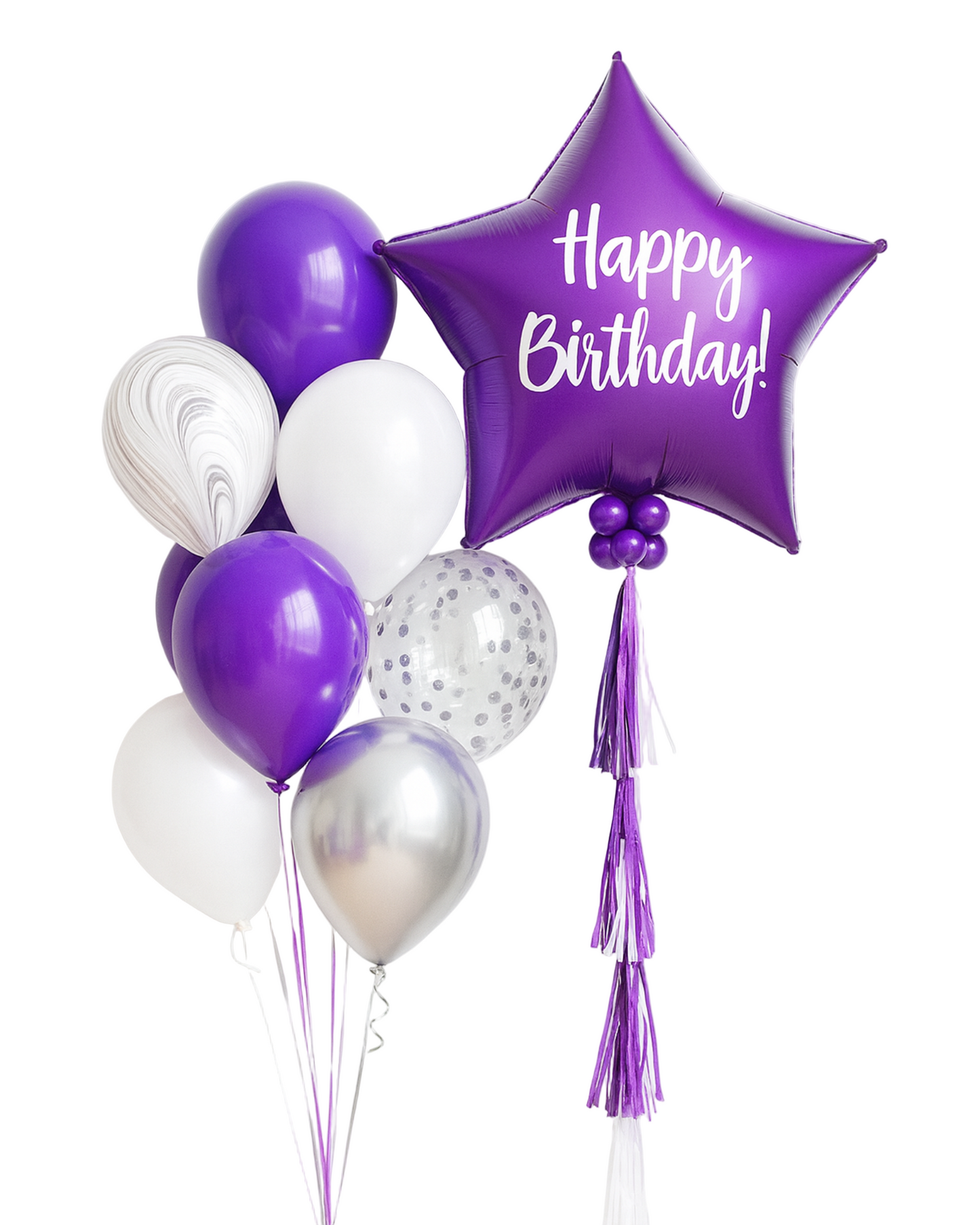 Balloon bouquet with purple, white, and silver balloons, featuring a purple star-shaped “Happy Birthday” balloon. Stylish decoration for birthdays, events, and photo zones.
