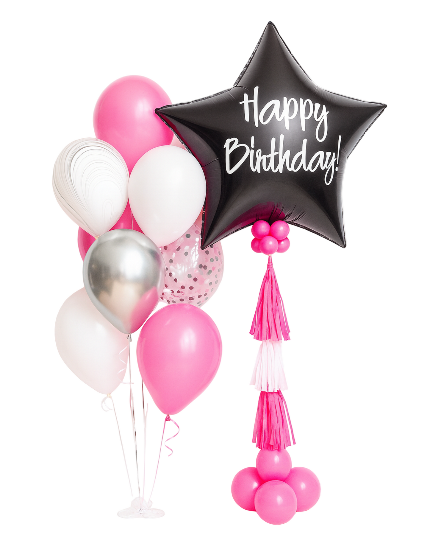 Balloon bouquet with pink, white, and silver balloons, featuring a black star-shaped balloon with “Happy Birthday” text. Elegant decoration for parties and gifts.