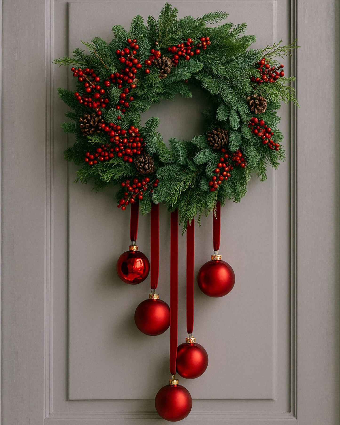 Luxury Christmas wreath with lush greenery and hanging red ornaments on a gray door.
