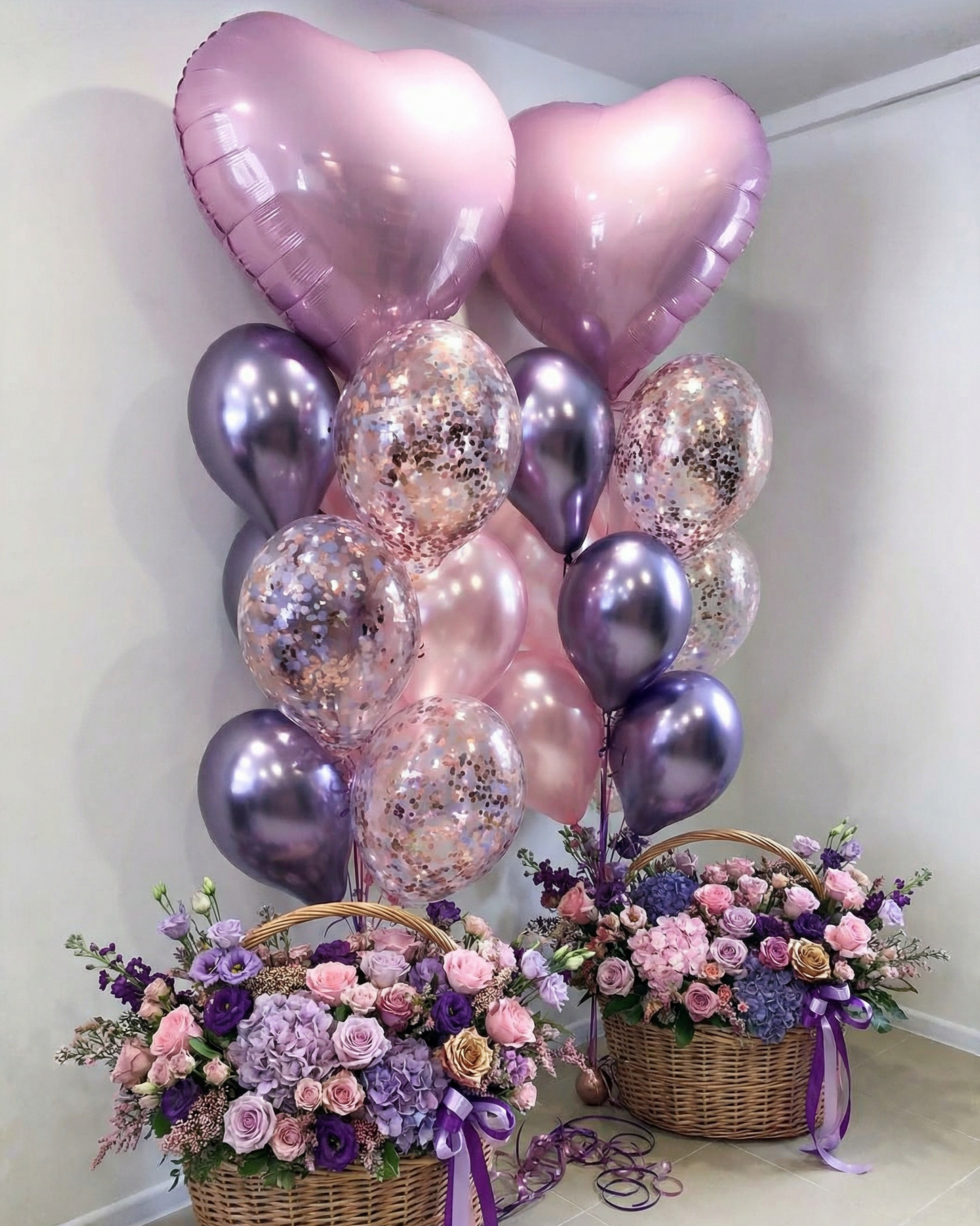 Flower Basket with Lilac and Pink Flowers and Heart-Shaped Balloons, custom-made arrangement, delivery across Miami
