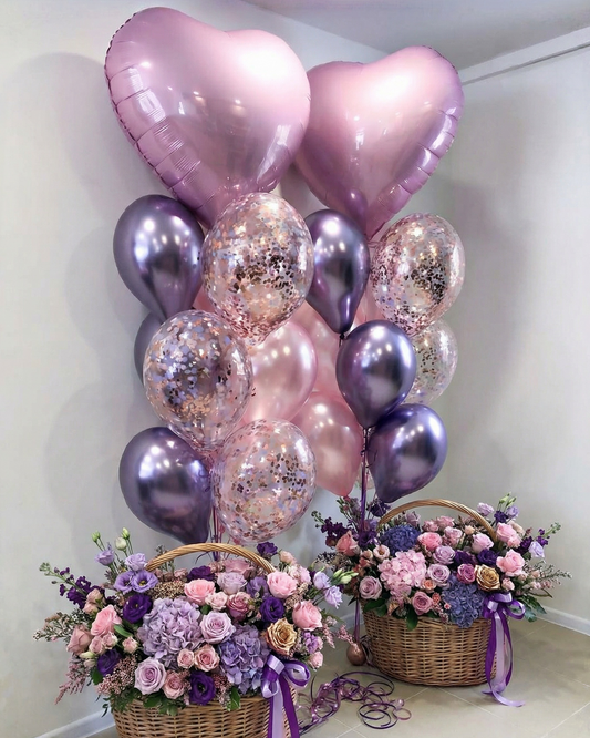 Flower Basket with Lilac and Pink Flowers and Heart-Shaped Balloons, custom-made arrangement, delivery across Miami