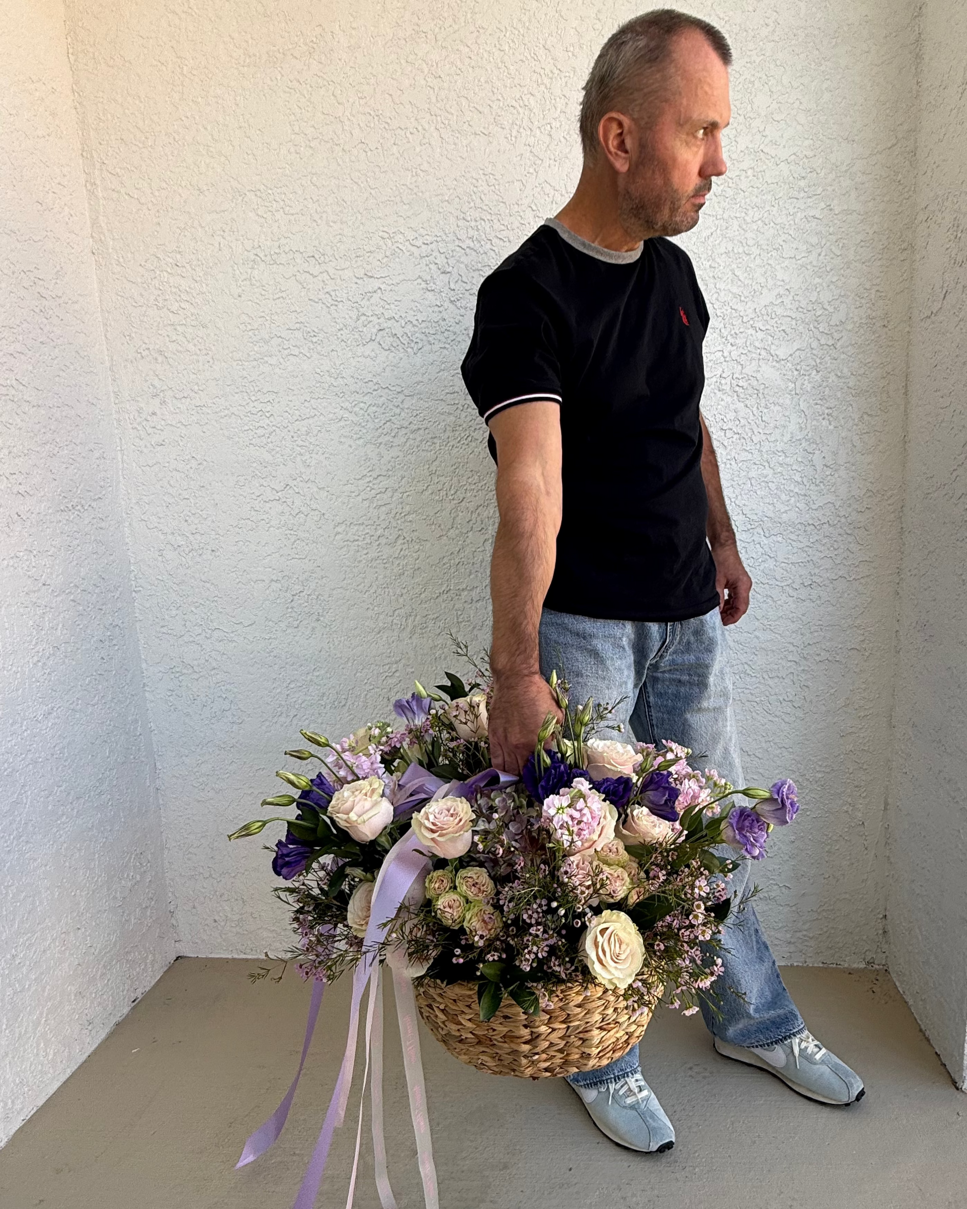 Flower Basket “SOFT LILAC DELIGHT” – fresh lilac and pink flowers arrangement, custom-made bouquet, delivery across Miami