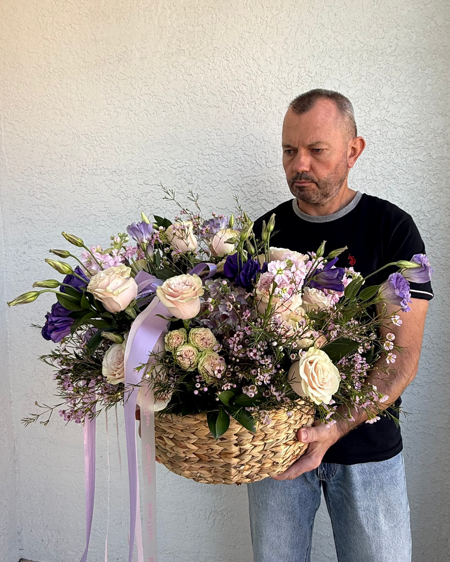Flower Basket “SOFT LILAC DELIGHT” – fresh lilac and pink flowers arrangement, custom-made bouquet, delivery across Miami