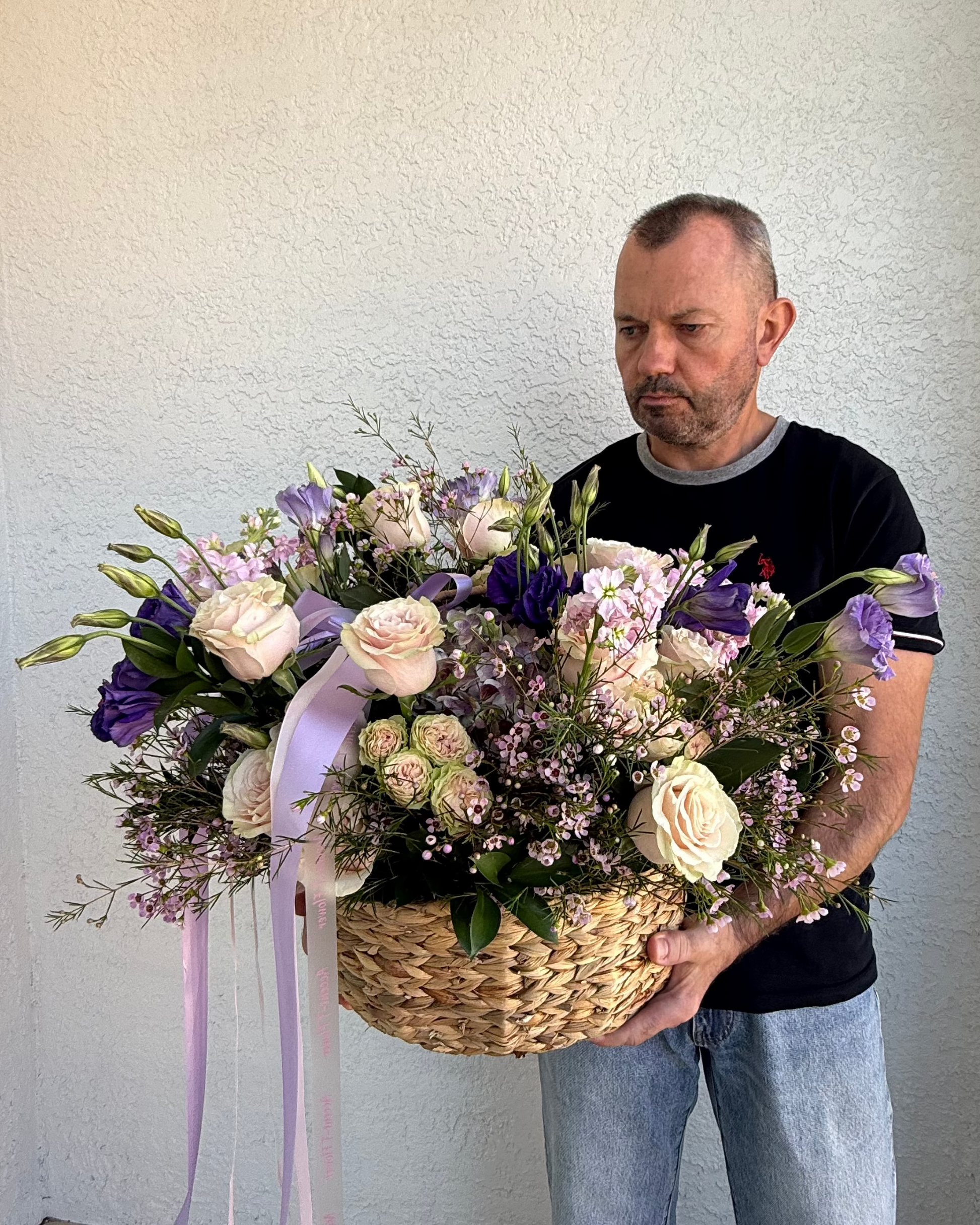 Flower Basket “SOFT LILAC DELIGHT” – fresh lilac and pink flowers arrangement, custom-made bouquet, delivery across Miami