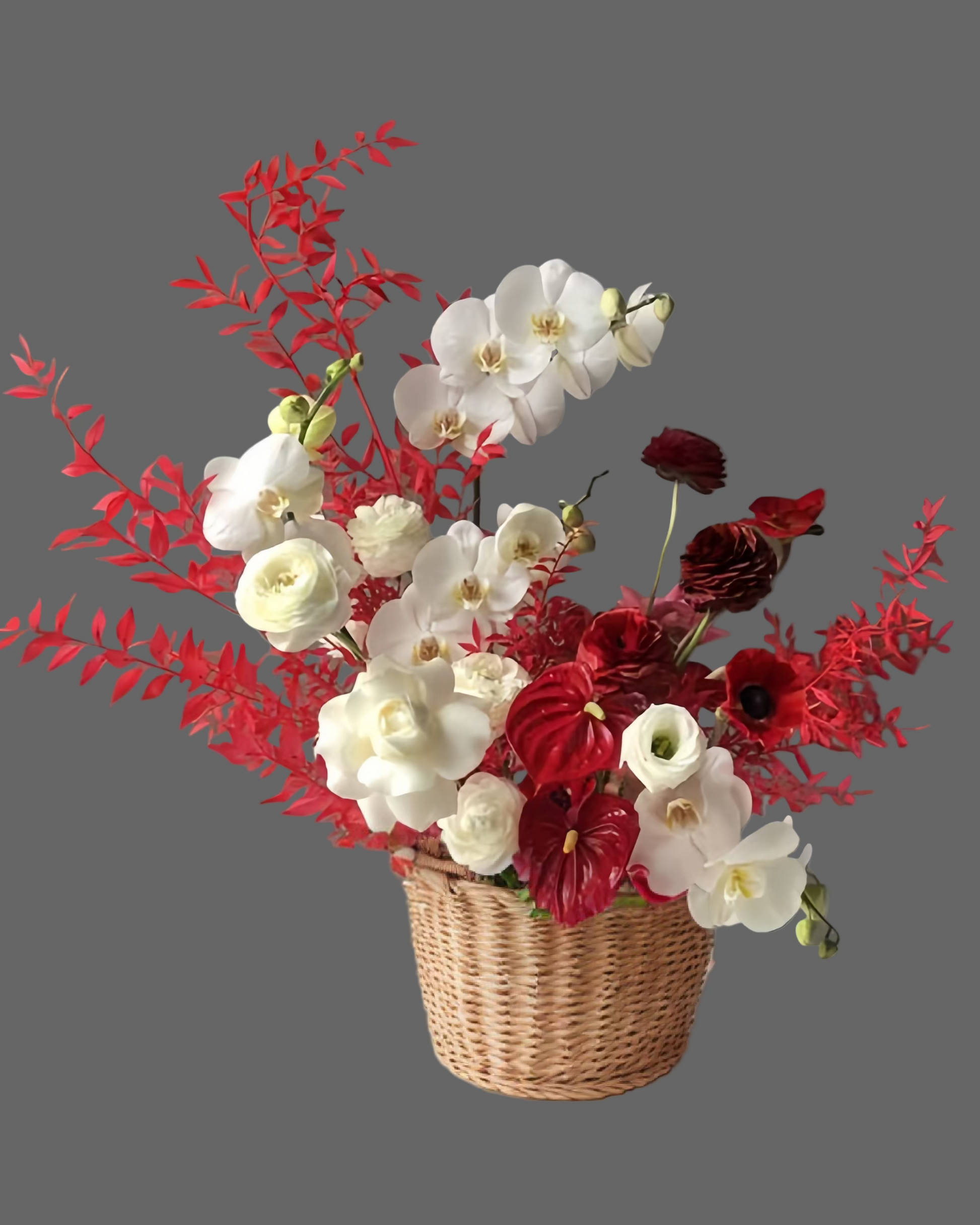 Luxury flower basket “Opulent Charm” with white orchids, red anthuriums, ranunculus, and roses in a natural wicker basket. Elegant floral arrangement for weddings, anniversaries, and special occasions. Premium flower delivery Miami, Sunny Isles, Aventura, Hallandale, Hollywood