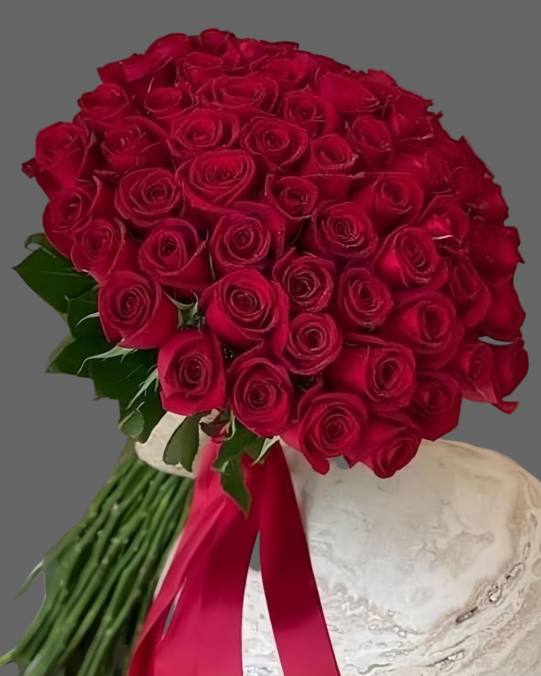 Bouquet 51 premium red roses tied with ribbon, luxury romantic bouquet for delivery in Miami and Sunny Isles.