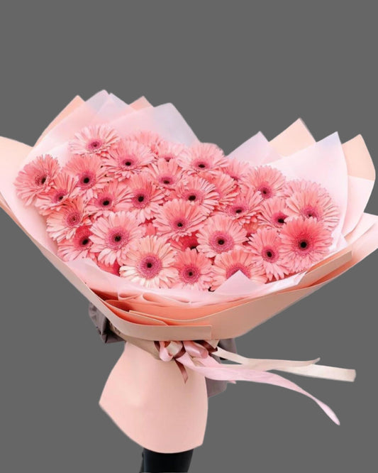 “Bouquet Pure Pink Delight with pink gerberas, luxury pastel flowers available for same-day or next-day delivery in Miami and Sunny Isles.”