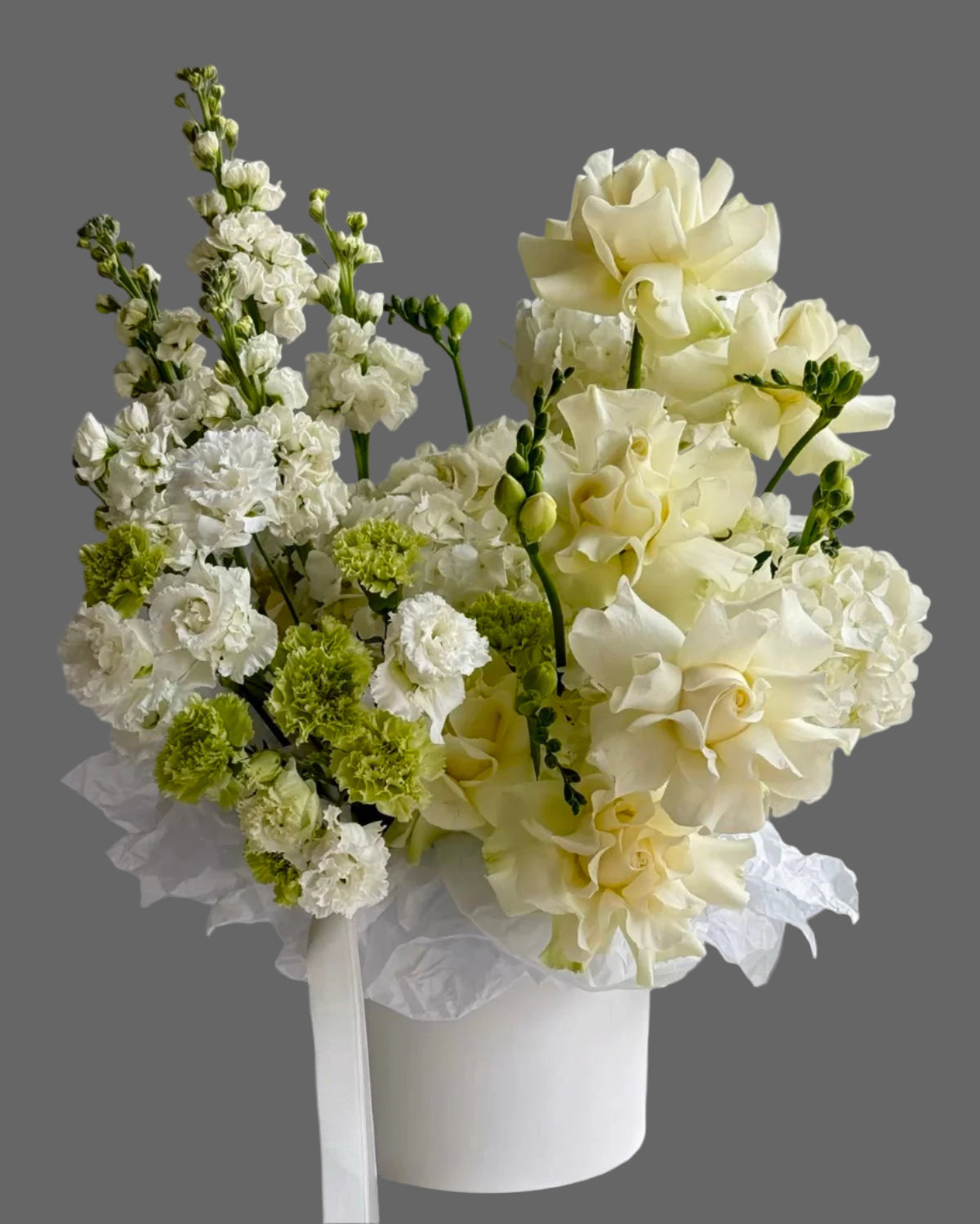 Elegant ivory and fresh green flower box with roses, hydrangea, and greenery – Miami, Sunny Isles, Aventura, Hallandale, Hollywood FL
