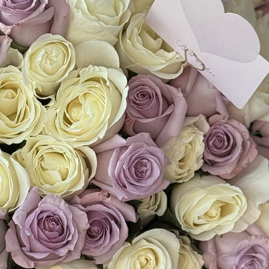 Elegant white and lavender rose bouquet with 100 fresh roses, perfect for luxury gifts and special occasions