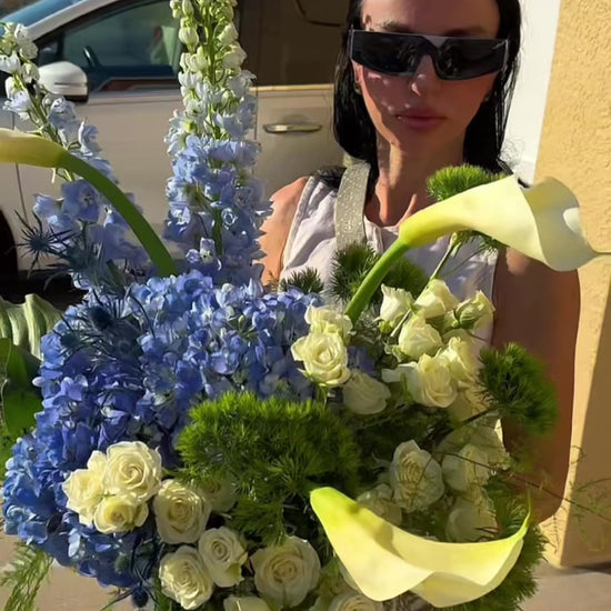 Blue and white luxury floral arrangement with hydrangeas and calla lilies, Miami florist
