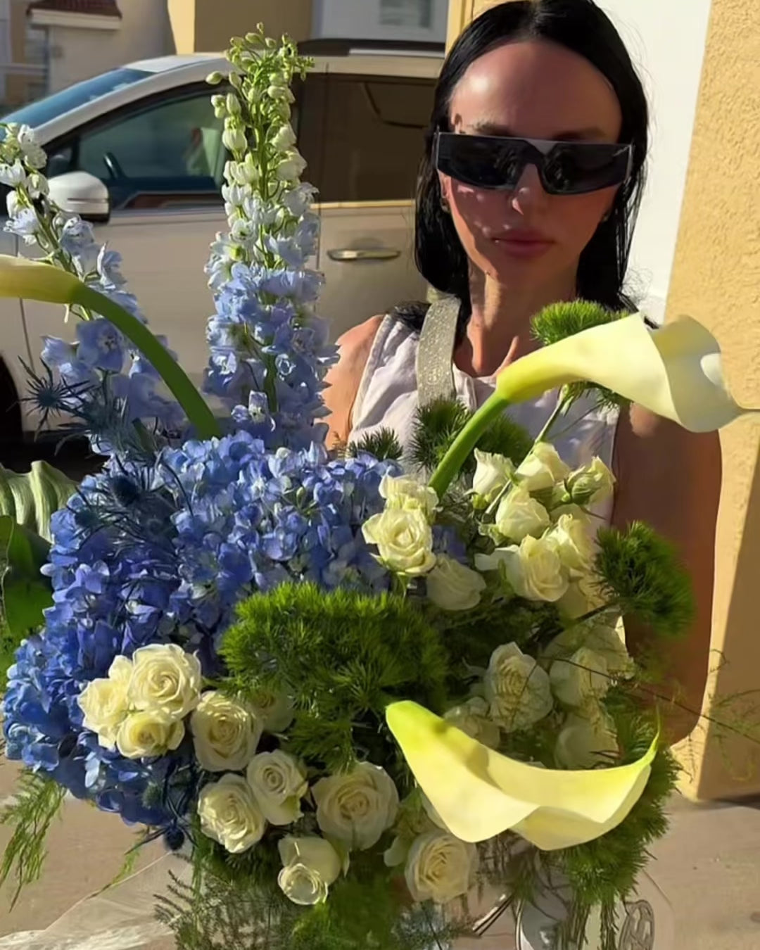Blue and white luxury floral arrangement with hydrangeas and calla lilies, Miami florist
